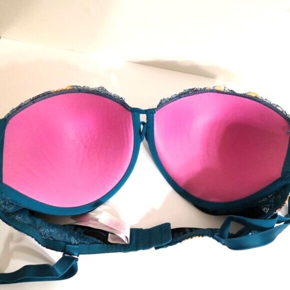 Victoria Secret Pink Date Push-up Strappy Padded Blue Floral Lace Bra 36DD - Picture 5 of 7